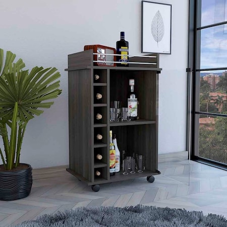 Tuhome Dukat Bar Cart, Two Shelves, Six Built-in Wine Rack, Four Casters, Espresso MLV4443
